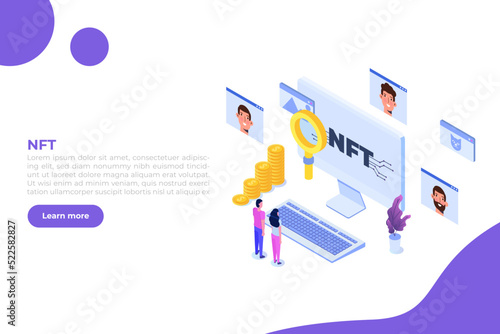  NFT theme isometric concept. Cryptographic art. Non-fungible token. Vector illustration. 