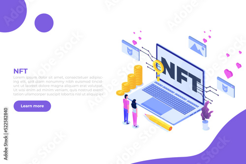  NFT theme isometric concept. Cryptographic art. Non-fungible token. Vector illustration. 