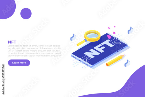  NFT theme isometric concept. Cryptographic art. Non-fungible token. Vector illustration. 