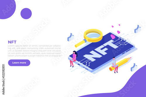  NFT theme isometric concept. Cryptographic art. Non-fungible token. Vector illustration. 