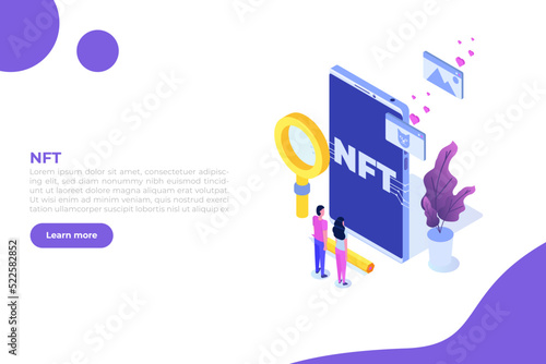  NFT theme isometric concept. Cryptographic art. Non-fungible token. Vector illustration. 