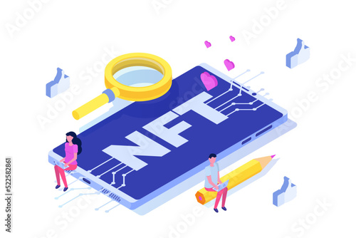 NFT theme isometric concept. Cryptographic art. Non-fungible token. Vector illustration. 