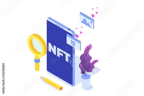  NFT theme isometric concept. Cryptographic art. Non-fungible token. Vector illustration. 
