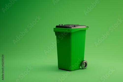 recycling of garbage and waste. preservation of the ecological situation in nature. waste sorting into containers. green trash container on a green background. copy paste. 3d render. 3d illustration