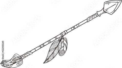 Arrow with decorative feathers. Native indian weapon sketch