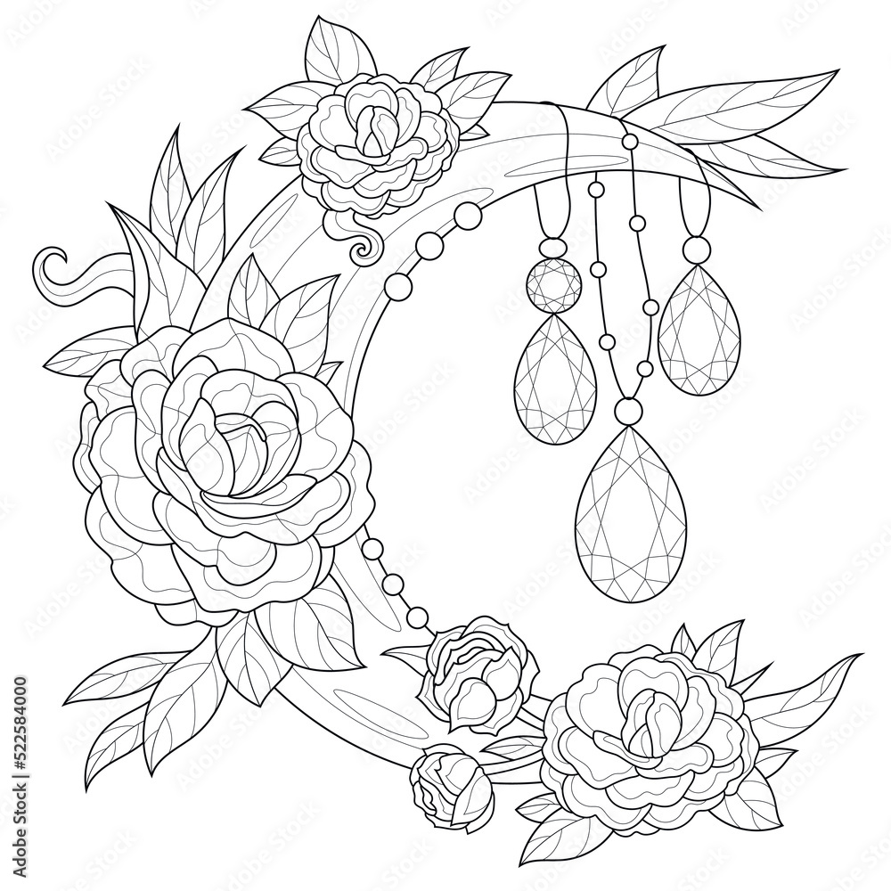 Moon with gems and flowers.Coloring book antistress for children and adults. Illustration isolated on white background.Hand draw