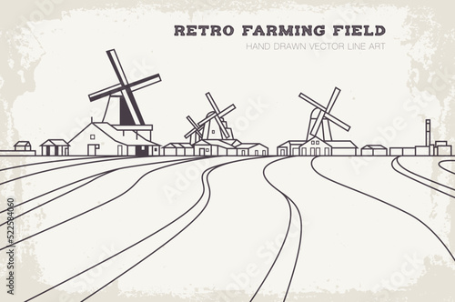 Retro farming field line art vector illustration