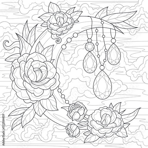 Moon with gems and flowers.Coloring book antistress for children and adults. Illustration isolated on white background.Zen-tangle style. Hand draw