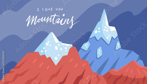 Vector horizontal illustration of mountain view and place for text. Background for touristic landing page, web design, flyer, card, poster, banner. Flat cartoon hand-drawn style