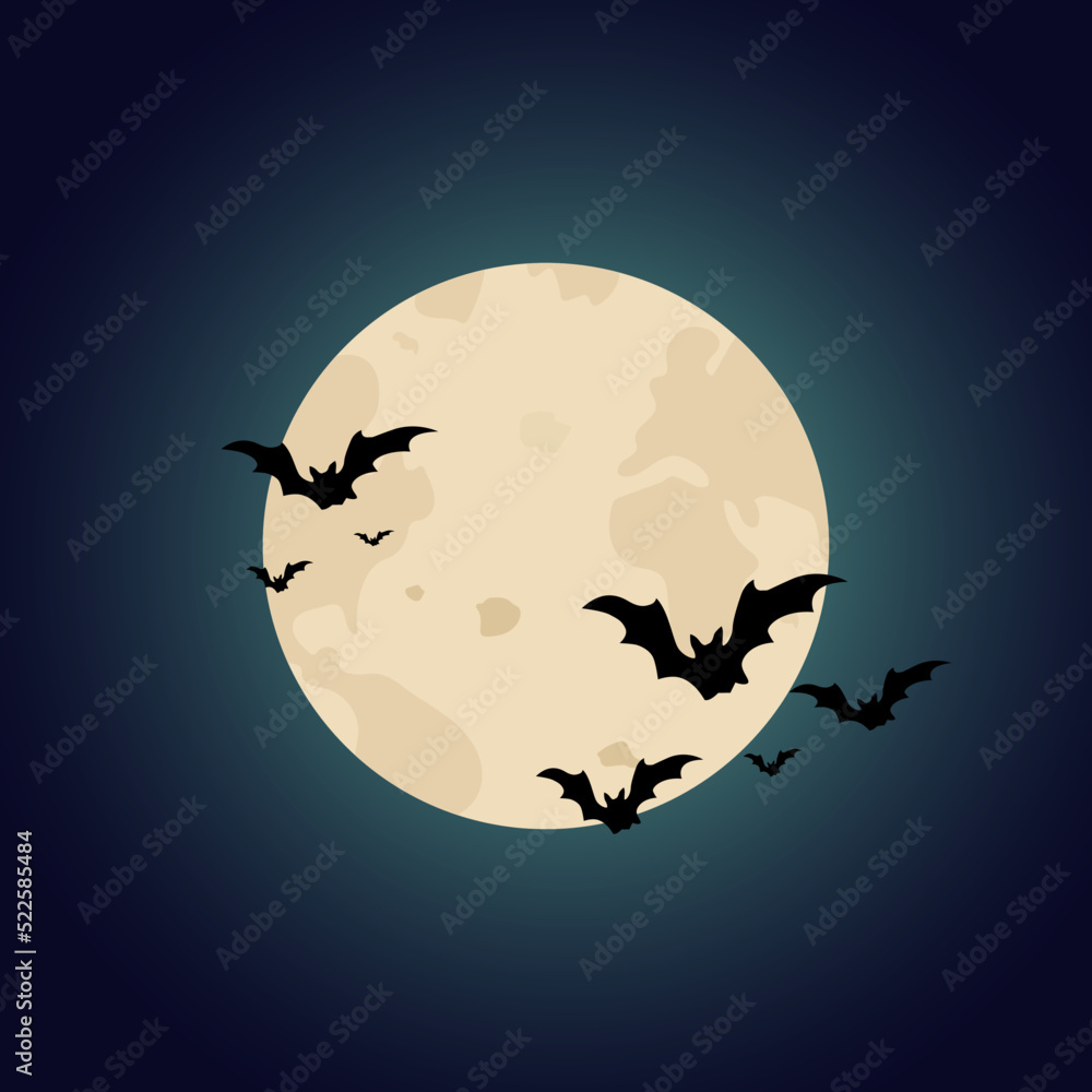 Halloween background. The moon and bats on a dark background. Night sky.Halloween design. Vector illustration
