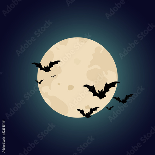 Halloween background. The moon and bats on a dark background. Night sky.Halloween design. Vector illustration