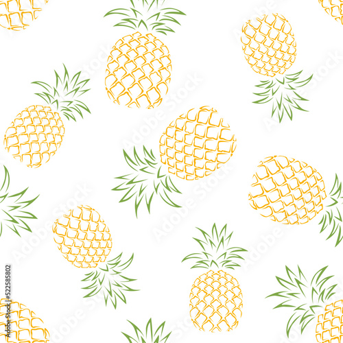 Pineapples outline seamless pattern. Vector background with tropical fruits on white.