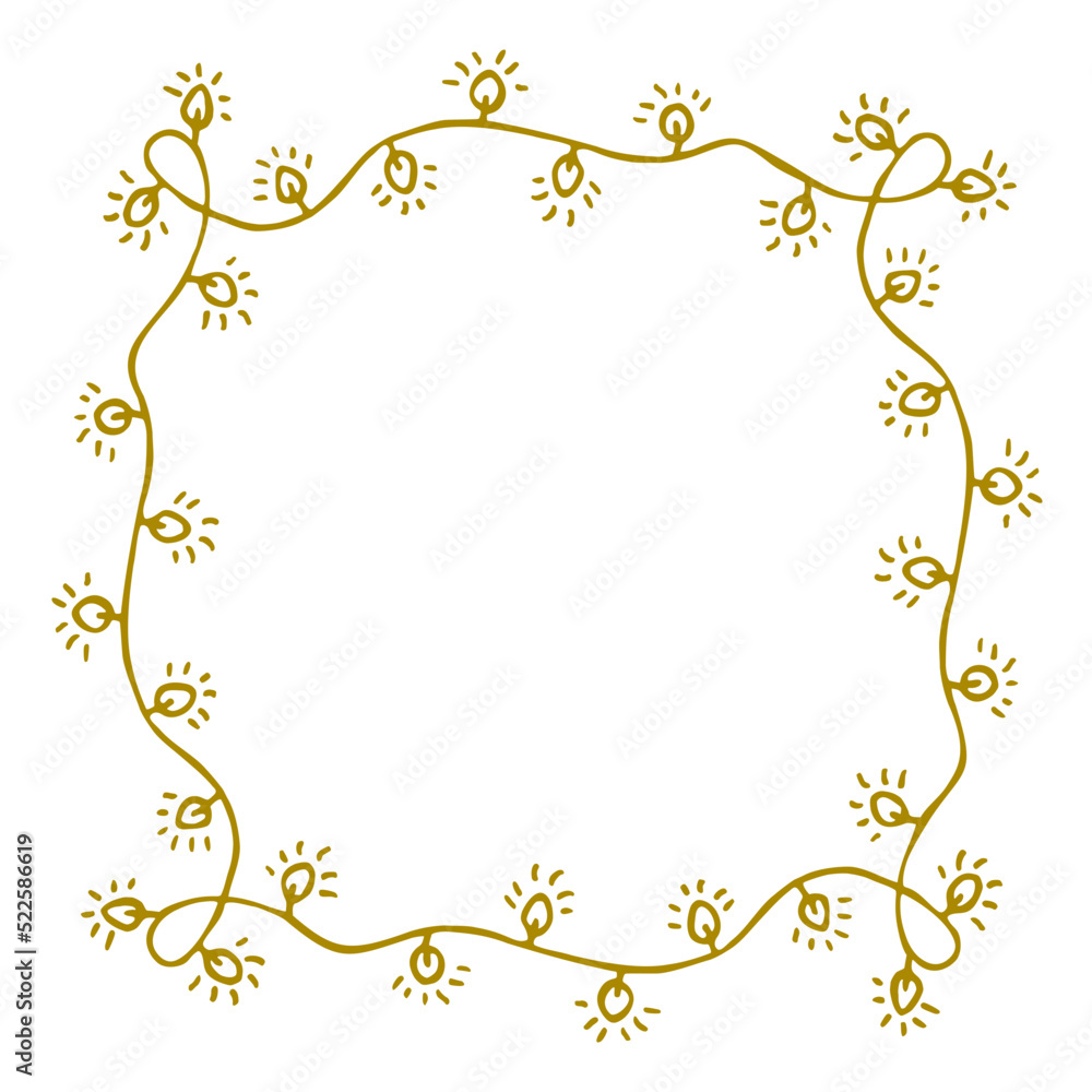 Seamless frame of garland with light bulbs for decoration of Christmas tree, interior design, greeting card decor in hand drawn doodle style. Seamless frame of garland with light bulbs for decoration of Christmas tree, interior design, greeting card decor in hand drawn doodle style.