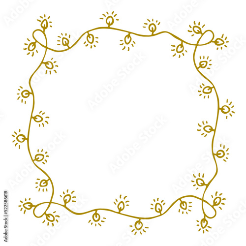 Seamless frame of garland with light bulbs for decoration of Christmas tree, interior design, greeting card decor in hand drawn doodle style.