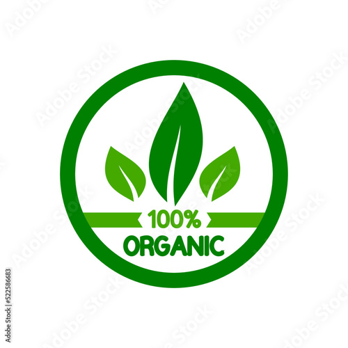 100% Organic vector icon, farm fresh and natural product sticker and badge for food market and restaurants, nonviolent and healthy food, healthy life and premium quality food photo