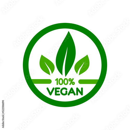 100% Vegan vector icon, farm fresh and natural product sticker and badge for food market and restaurants, nonviolent and healthy food, healthy life and premium quality food