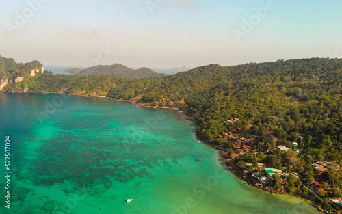 Phi Phi Don  Thailand. Aerial view of Phi Phi Island coastline from drone on a hot sunny day.