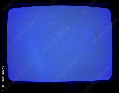Old tube tv blue screen, vintage CRT screens with static noise, no signal. isolated on black background. no signal.