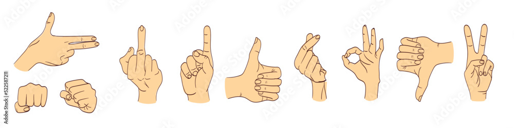 Set of hands in different gestures , hand showing signal or sign collection