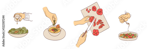 Hands cooking food, top and side view. Worktop with cutting boards, ingredients, meals. People cook salad, soup for lunch and dinner. Flat vector illustrations hand drawn.