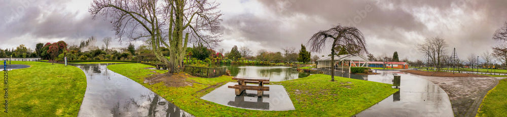 Kuirau Park on a rainy day in Rotorua, New Zealand. Panoramic view