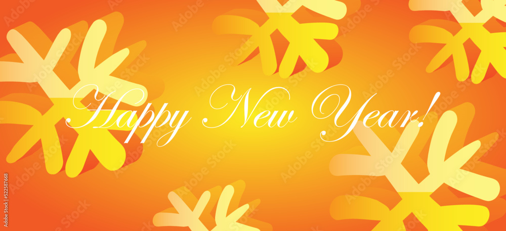 Happy New Year celebration web banner. Golden lettering card with sunflakes. Luxury glowing background.