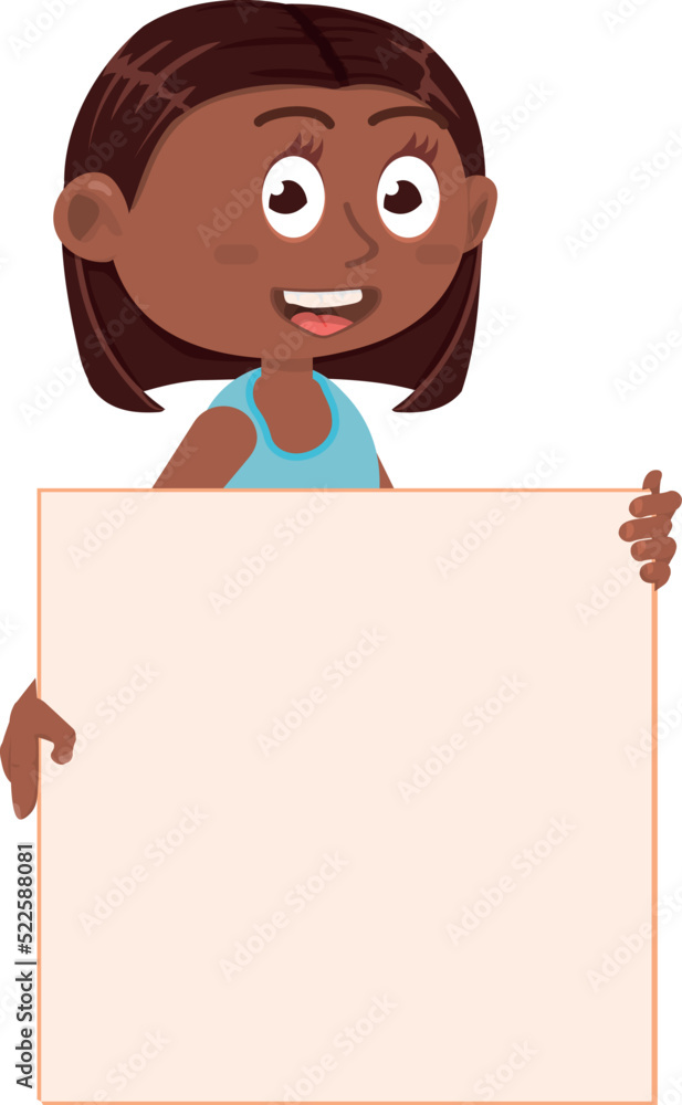 Black girl holding empty board. Cartoon kid with white banner Black girl holding empty board. Cartoon kid with white banner