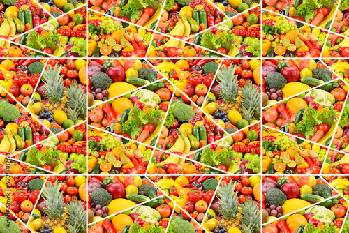 Beautiful seamless pattern colorful fruits, vegetables and berries.