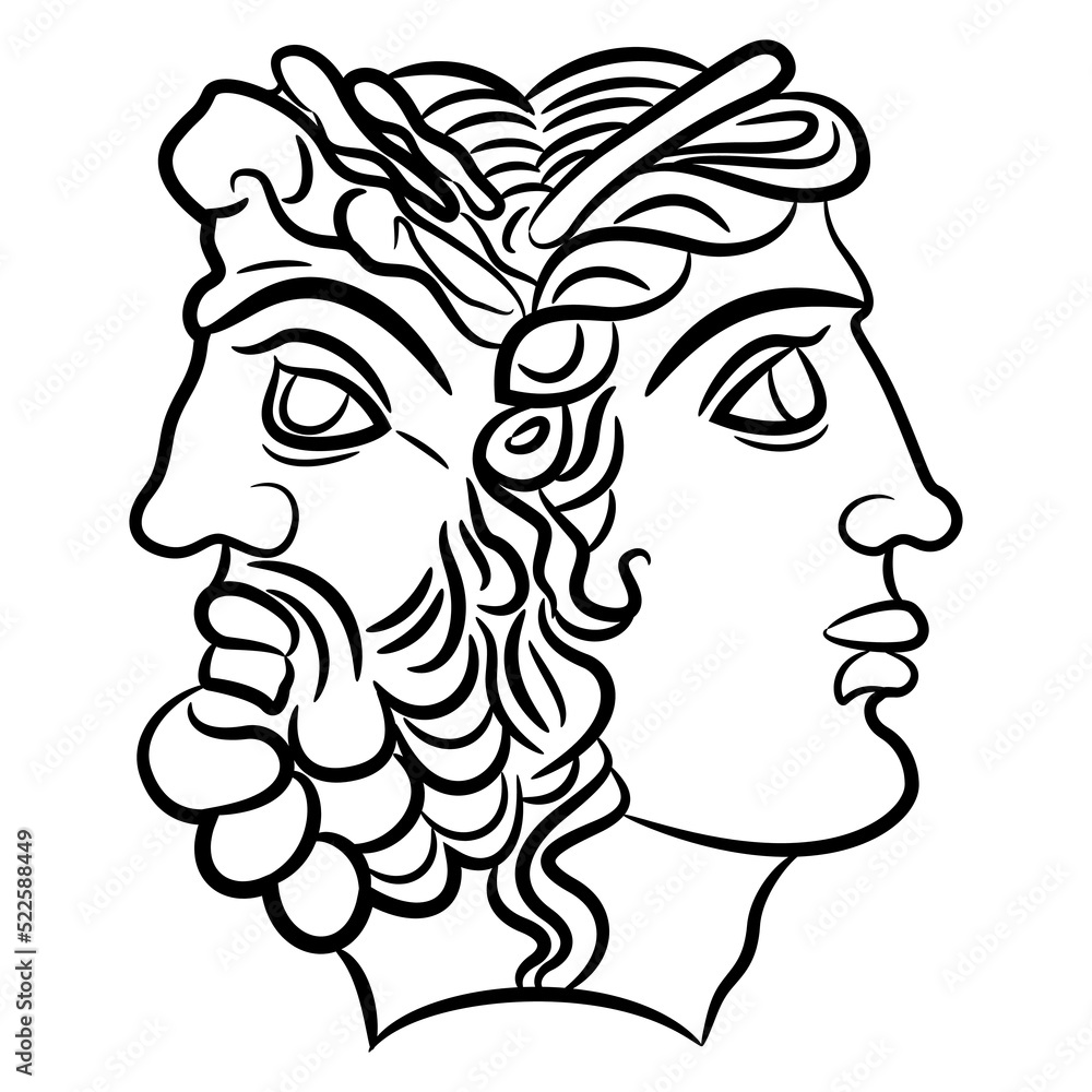 Ancient Greek Janus. Janiform head of Zeus and Hera. Juxtaposition of male and female, young and