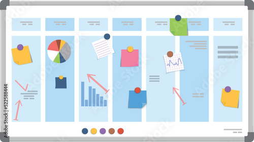 Kanban board with business strategy. Cartoon plan stickers