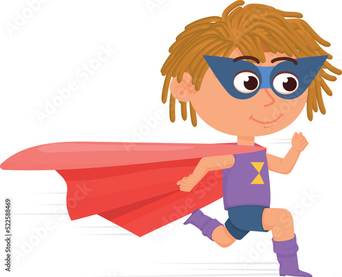 Running superhero kid. Lovely child in red cape