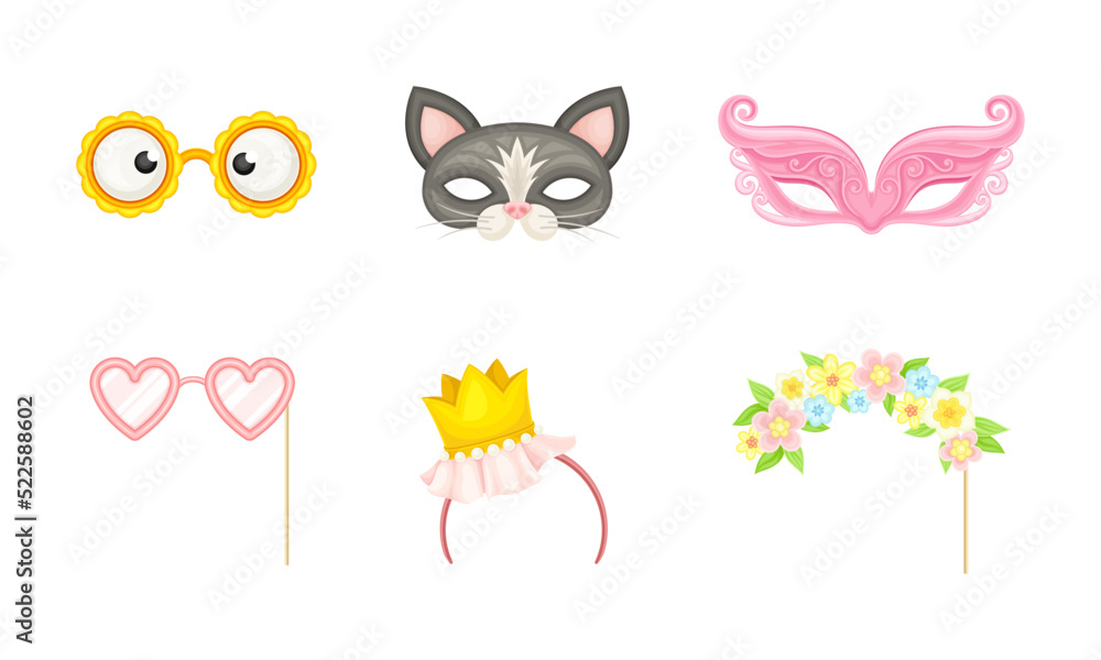 Party Birthday Photo Booth Prop with Hairband and Mask Vector Set