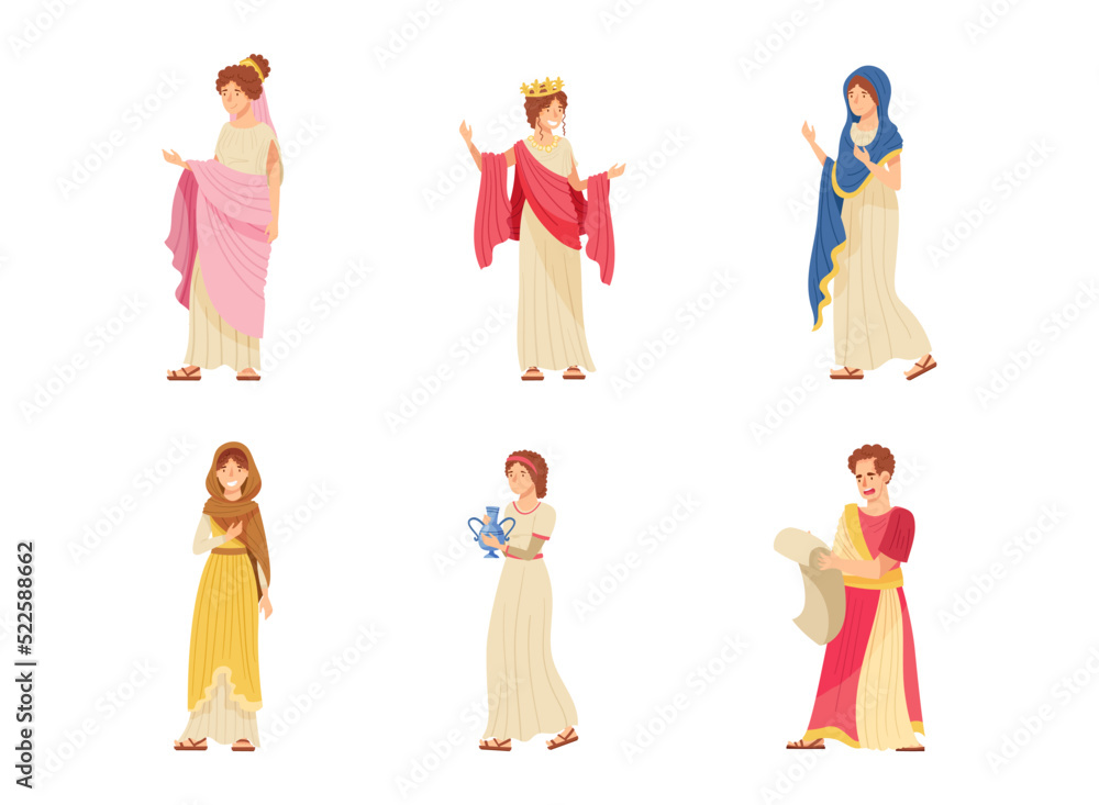 Romans Man and Woman in Traditional Ethnic Clothing Vector Illustration Set