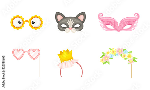 Party Birthday Photo Booth Prop with Hairband and Mask Vector Set