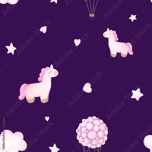 Watercolor baby seamless pattern with toy pink unicorn, hot air balloon, clouds and stars photo