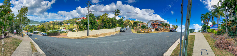 Airlie Beach, Australia - August 24, 2018: Panoramic 360 degrees view of Airlie Beach coastline from the top of the city hill