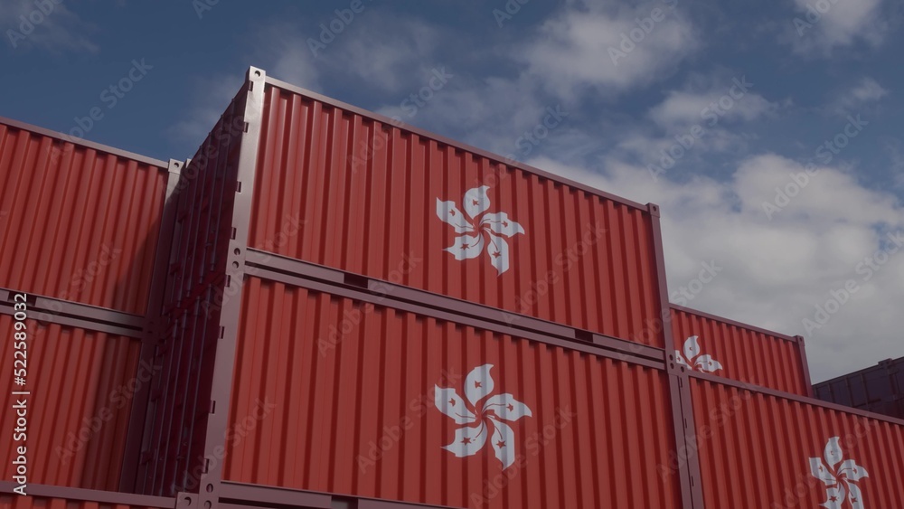 Hong Kong flag containers are located at the container terminal. Hong Kong export or import concept. 3d illustration Hong Kong flag containers are located at the container terminal. Hong Kong export or import concept. 3d illustration