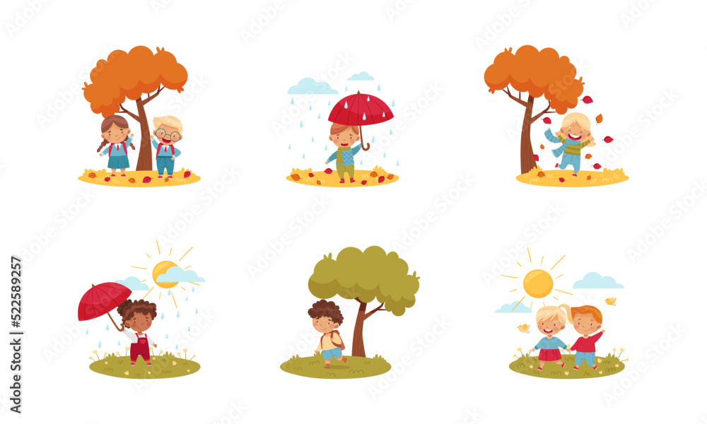 Naklejka premium Kids Enjoying Autumn and Spring Season Walking Outdoor Vector Set.