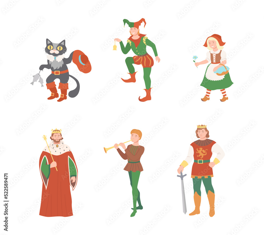 Fabulous Medieval Character from Fairytale with Pussy in Boots and Red Riding Hood Vector Set
