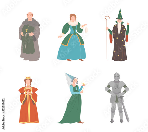 Fabulous Medieval Character from Fairytale with Magician and Kind Fairy Vector Set