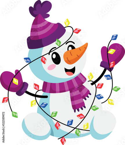 Funny snowman with christmas lights. Winter holiday mascot