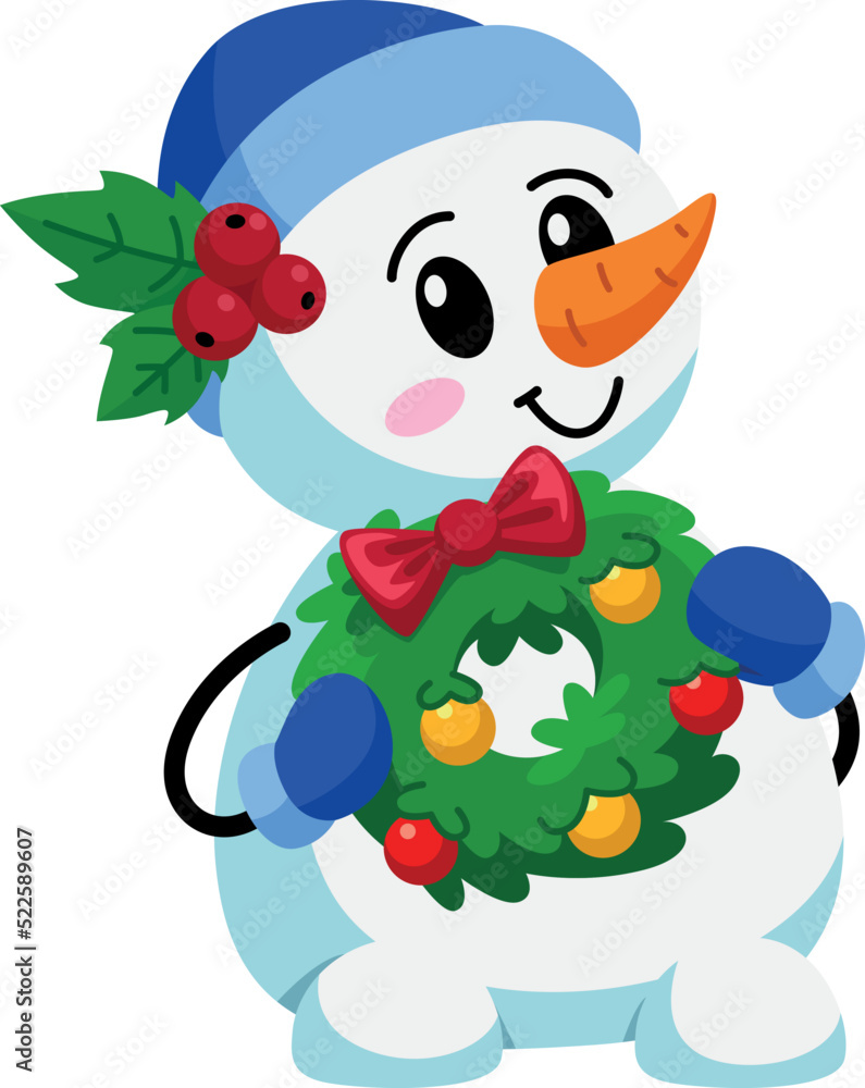 Naklejka premium Christmas snowman. Cartoon character with decorative wreath