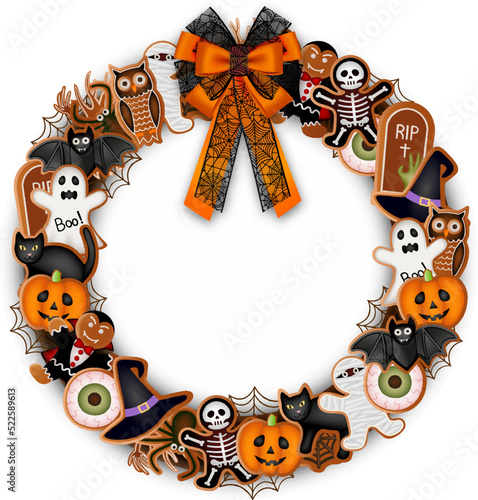 halloween wreath with gingerbread cookies and bow. halloween round frame with gingerbreads and space of your text