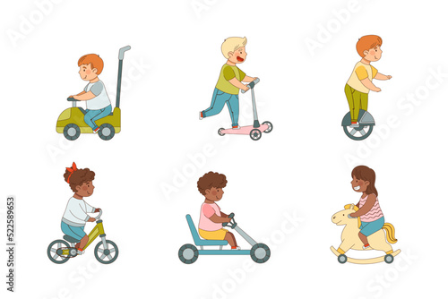 Little Kids Driving Electric Car and Riding Scooter Enjoying Outdoor Activity Vector Set