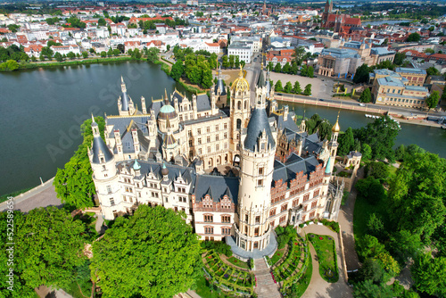 Schwerin Castle in Germany Europe aerial view nice weather the most beautiful castle