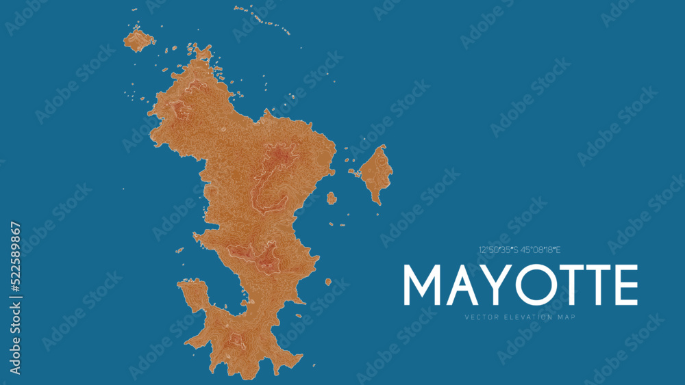 Obraz premium Topographic map of Mayotte, France. Vector detailed elevation map of island. Geographic elegant landscape outline poster.