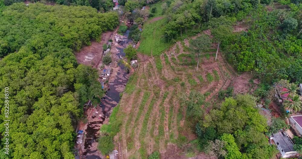 Aerial shot of river with fields and house along it, tropical forest around Aerial shot of river with fields and house along it, tropical forest around