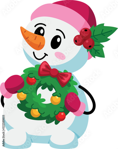 Fototapeta Naklejka Na Ścianę i Meble -  Cute snowman holding christmas wreath. Winter holiday mascot