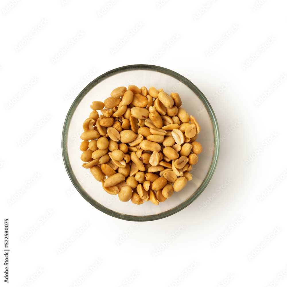 top view glass bowl with roasted and salted peanuts. isolated on white background top view glass bowl with roasted and salted peanuts. isolated on white background