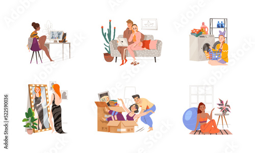 People Character Spending Weekend at Home Vector Illustration Set